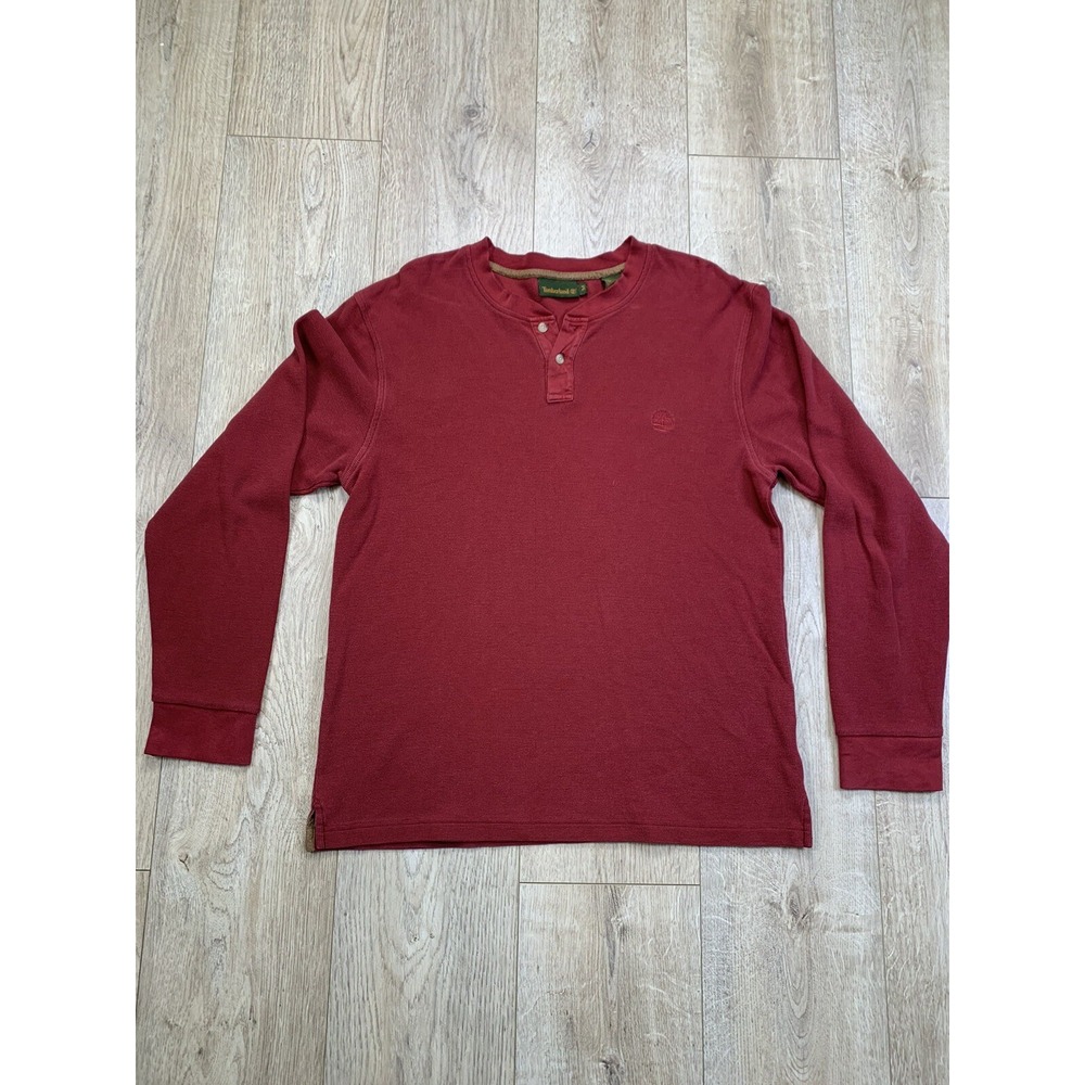VTG Timberland Men Red Cotton 1/4 Button Long Sleeve Heavy Pullover Shirt Size M